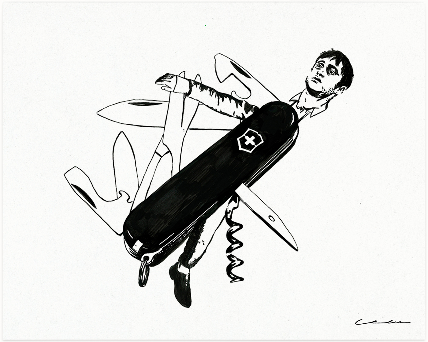 Célie Cadieux ink illustration for Swiss Army Man