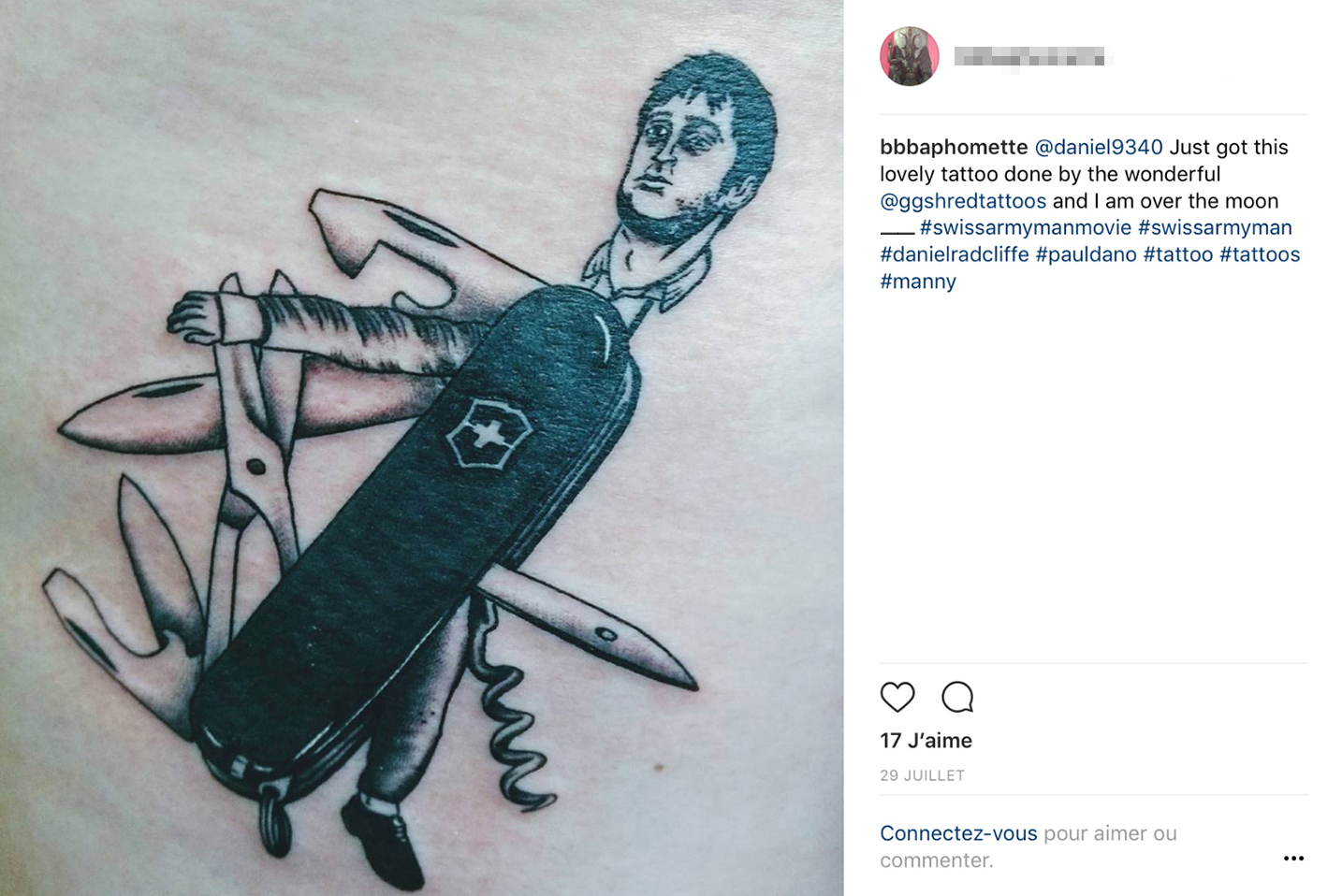 Swiss Army Man Tattoo copied of Célie Cadieux original illustration