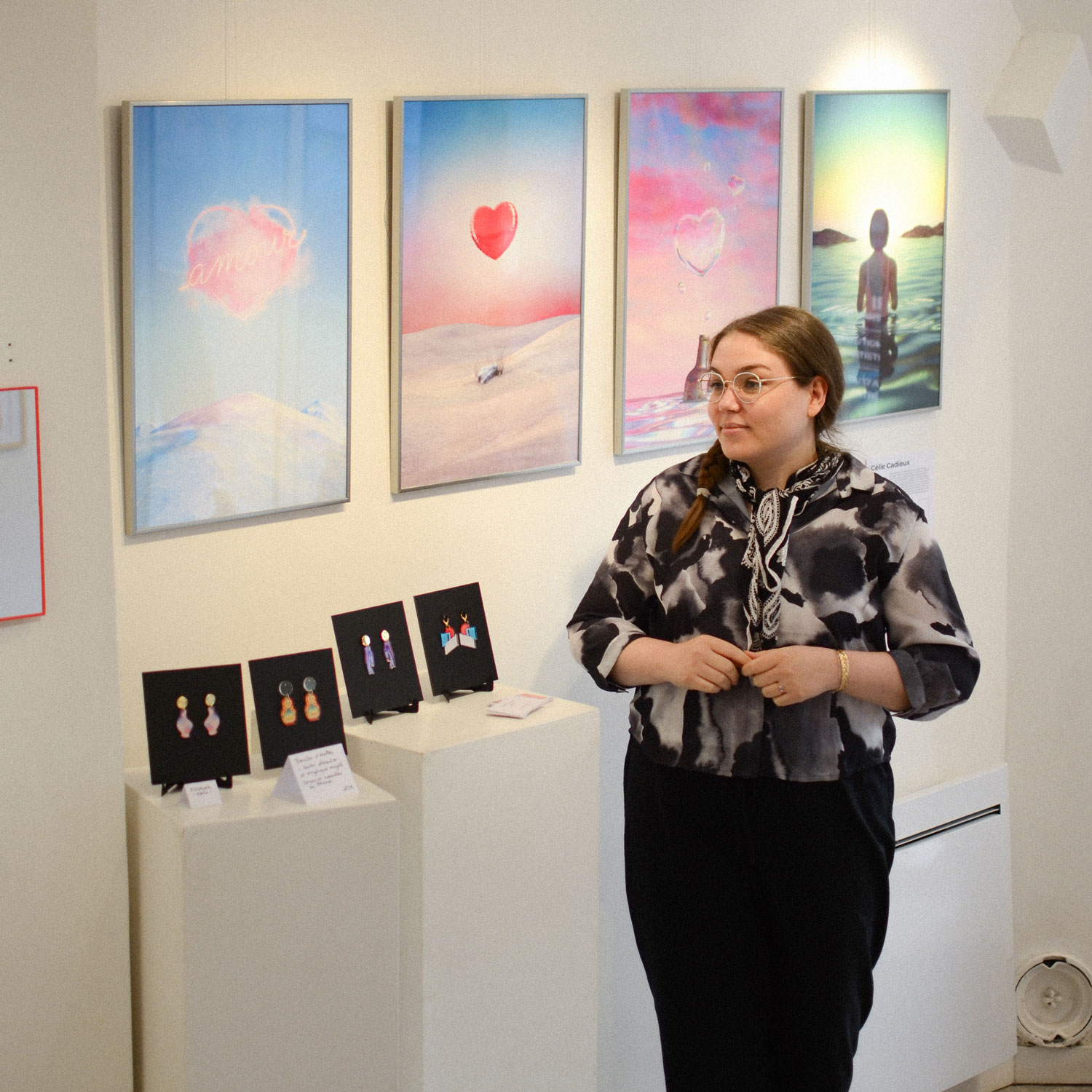 Célie Cadieux in front of her artworks during her exhibiton at Galerie 43 Paris in May 2021
